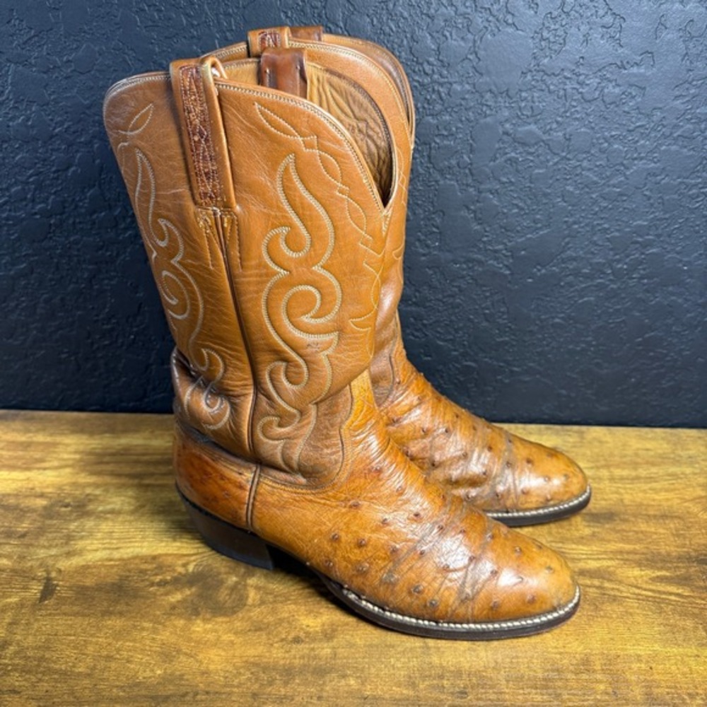 Lucchese San Antonio 63293T Tan Full Quill Ostrich Leather Western Boots Mens 9B